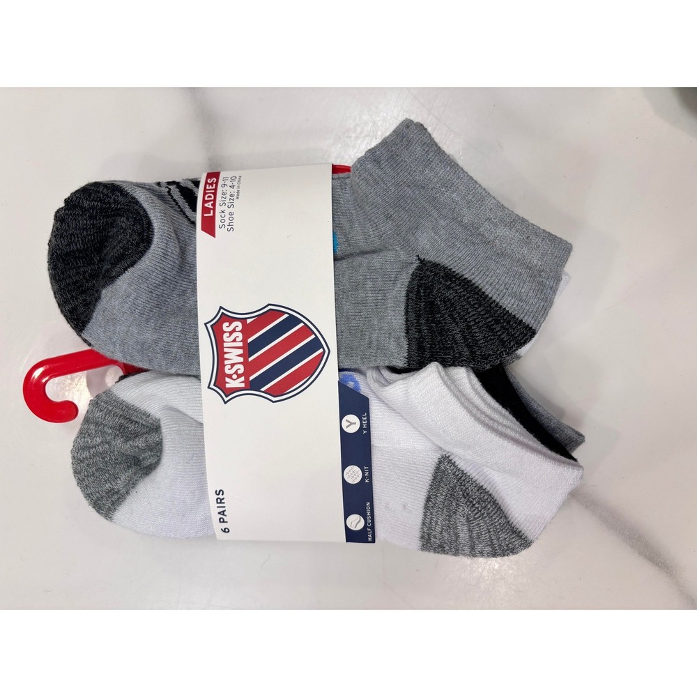 K-Swiss Ladies Socks 6 Pair Pack White Grey Black Shoe Size 4-10